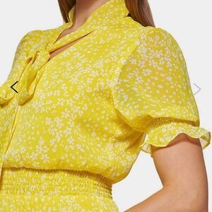 DKNY Party Easter Spring Work Y/W Floral Tie-Neck Smock Waist/Cuff Midi Dress 4